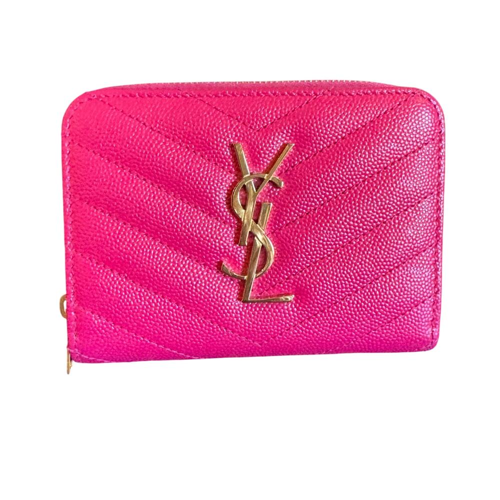 Saint Laurent YSL Quilted Compact Wallet Pink Leather
